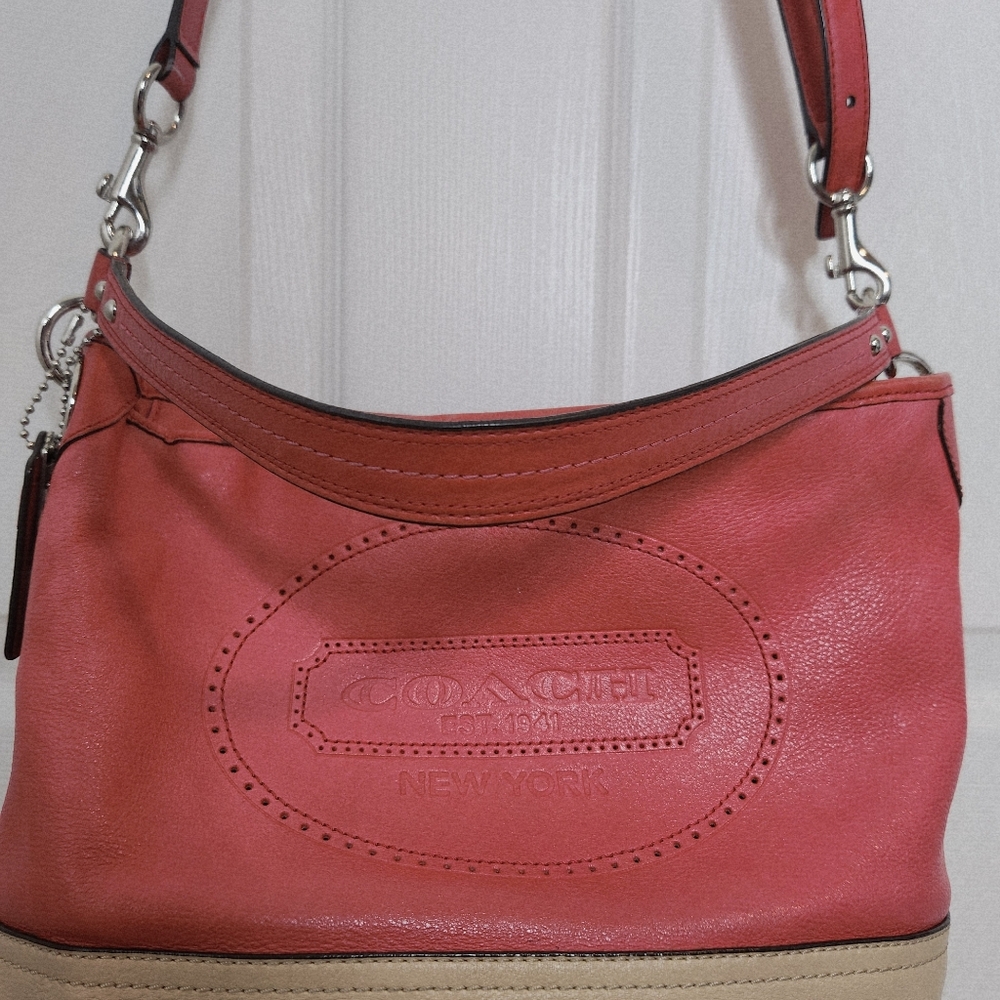 Coach Hampton Coral Pink Leather Shoulder Crossbody Bag Purse 19393 - Picture 3 of 16